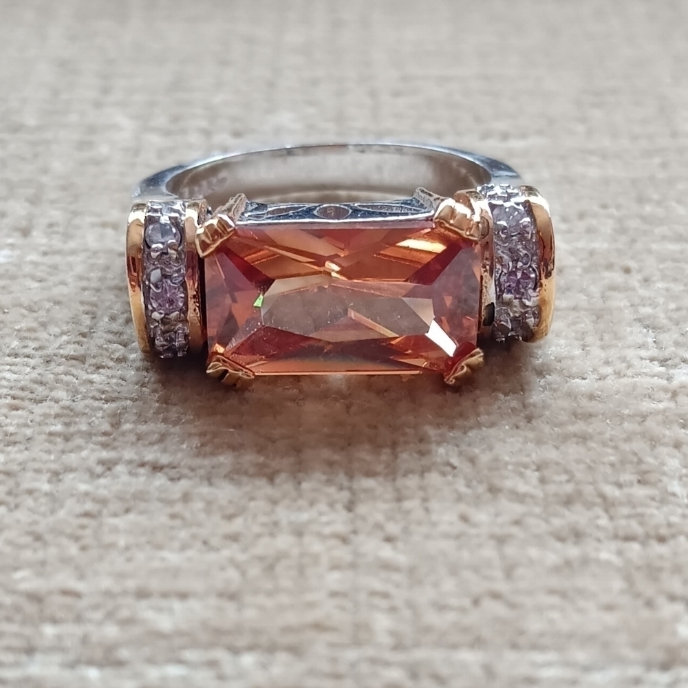 Gold And Silver Tone Multi-Faceted Orange Glass Ring